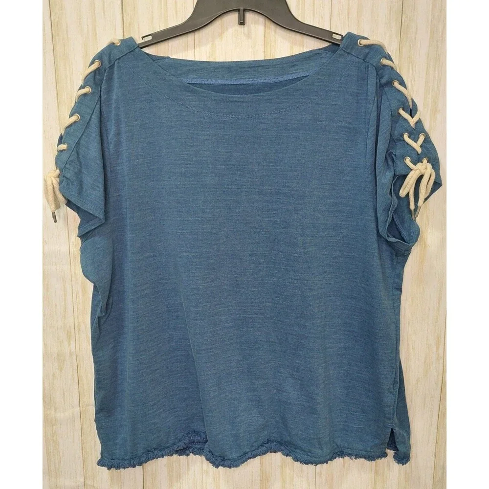 Chicos Women's Top Size 3 (XL/16) Blue~Rope Tie~ Nautical~Fringe~Boho Beachy - Picture 8 of 13